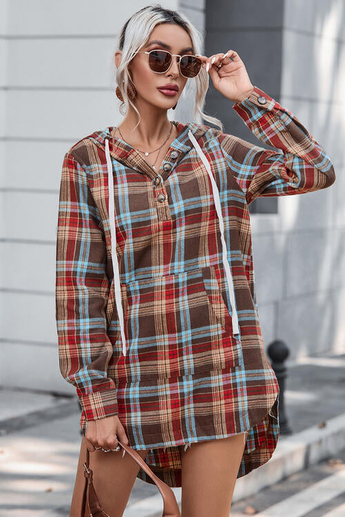 Plaid Drawstring Long Sleeve Hooded Dress with Pocket BLUE ZONE PLANET