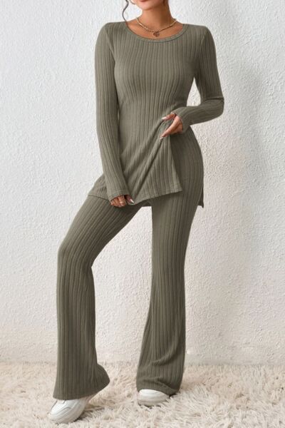 Blue Zone Planet |  Ribbed Long Sleeve Slit Top and Bootcut Pants Set BLUE ZONE PLANET