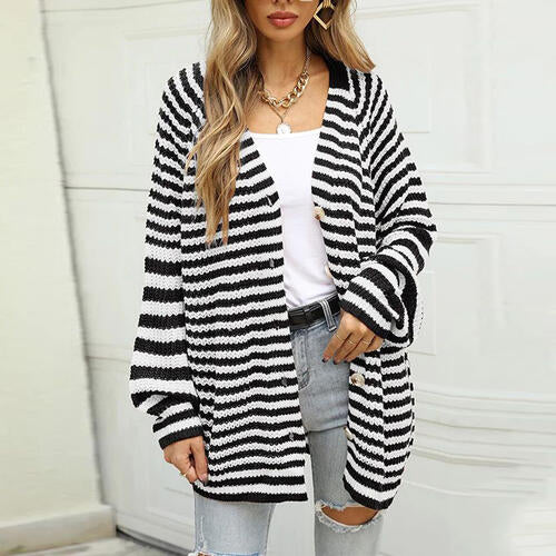 Striped Button Down Long Sleeve Cardigan BLUE ZONE PLANET