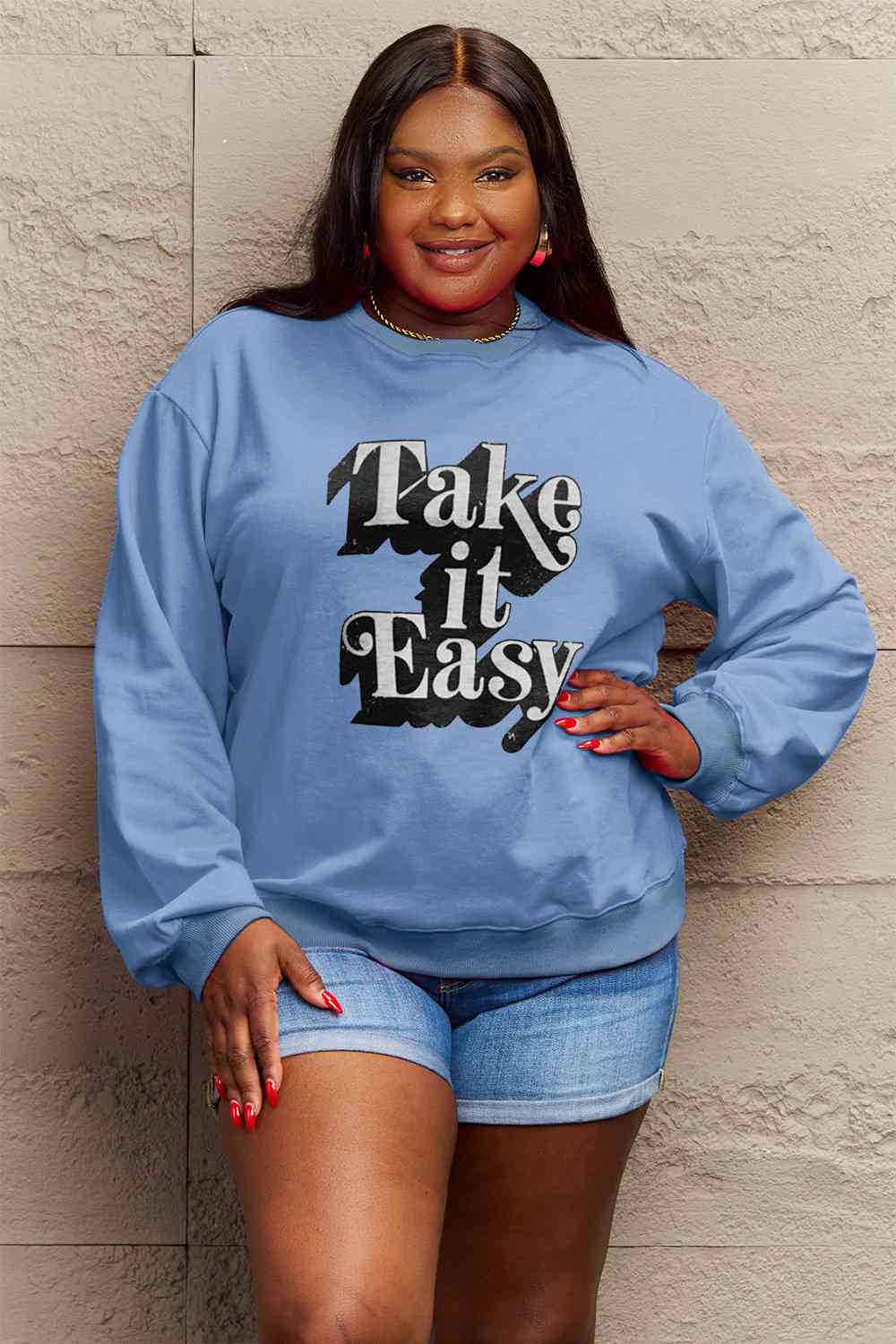 Simply Love Full Size TAKE IT EASY Graphic Sweatshirt BLUE ZONE PLANET