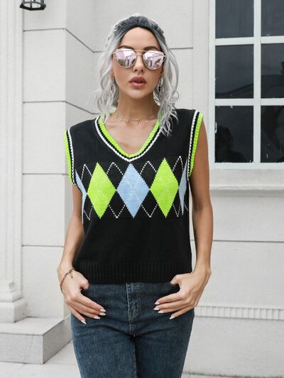 Geometric V-Neck Sweater Vest BLUE ZONE PLANET