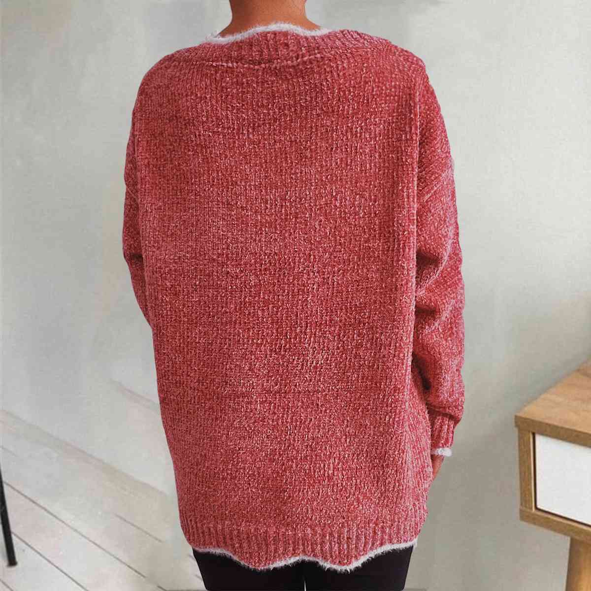 V-Neck Drop Shoulder Long Sleeve Sweater BLUE ZONE PLANET