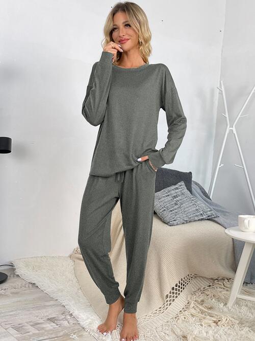 Round Neck Top and Drawstring Pants Lounge Set BLUE ZONE PLANET