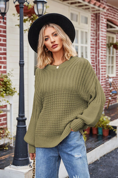 Ribbed Drop Shoulder Lantern Sleeve Sweater BLUE ZONE PLANET