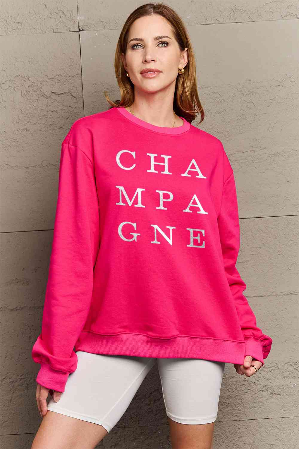 Simply Love Full Size CHAMPAGNE Graphic Long Sleeve Sweatshirt BLUE ZONE PLANET