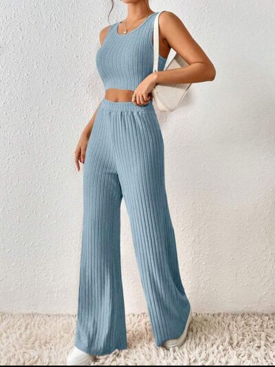 Ribbed Round Neck Tank and Pants Sweater Set Trendsi