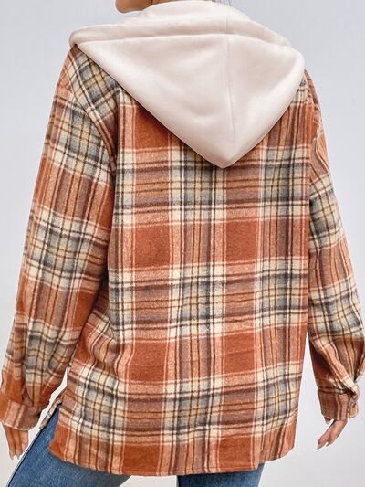 Plaid Button Up Drawstring Hooded Jacket BLUE ZONE PLANET