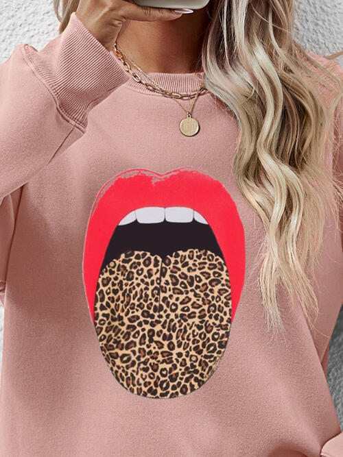 Leopard Lip Graphic Round Neck Sweatshirt BLUE ZONE PLANET