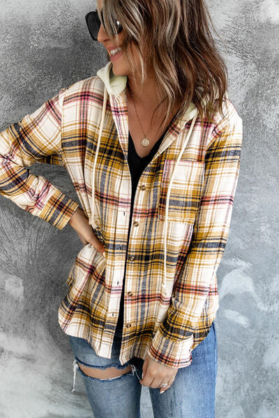 Plaid Button Up Hooded Jacket BLUE ZONE PLANET