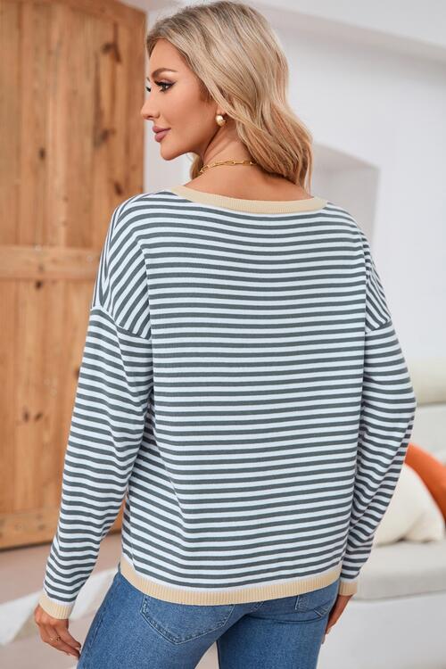 Striped Round Neck Drop Shoulder T-Shirt BLUE ZONE PLANET