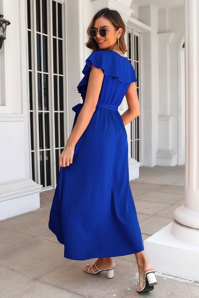 Blue Planet | Ruffled Surplice Tie Waist Slit Midi Dress - Blue White / L by Blue Zone Planet Blue Planet | Ruffled Surplice Tie Waist Slit Midi Dress - Blue White / L by Blue Zone Planet