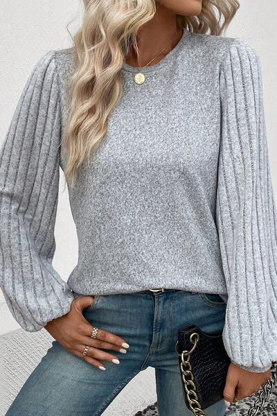 Ribbed Round Neck Long Sleeve Knit Top BLUE ZONE PLANET