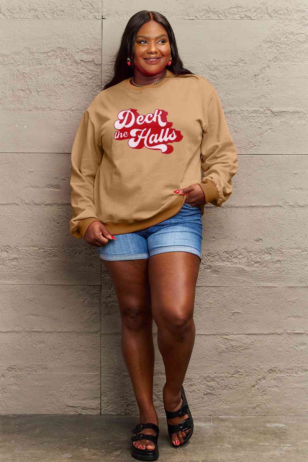 Simply Love Full Size DECK THE HALLS Graphic Sweatshirt BLUE ZONE PLANET