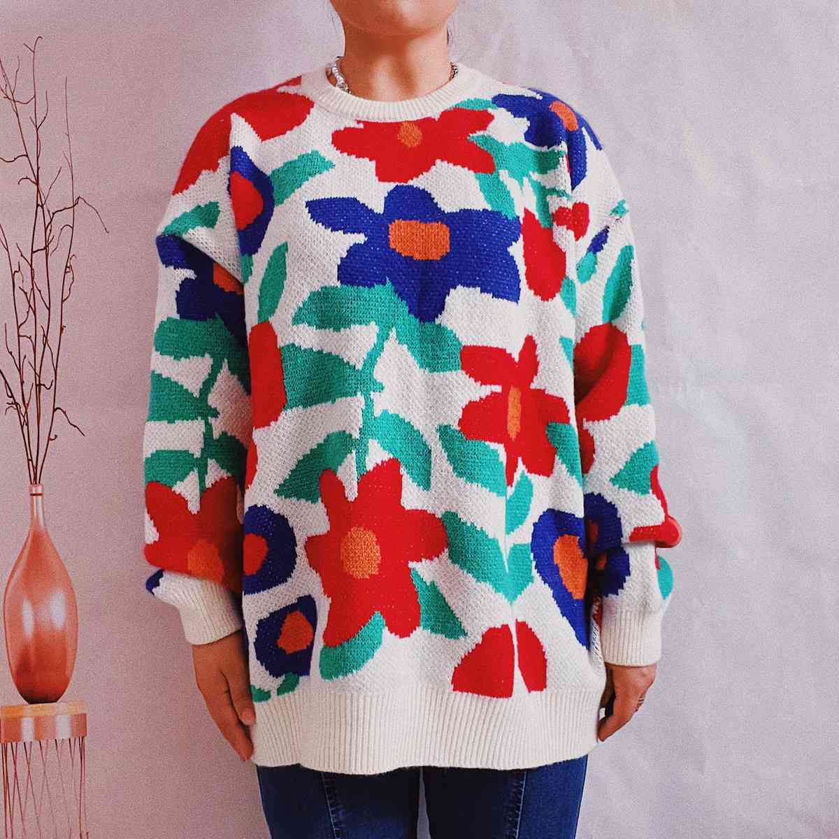 Floral Print Round Neck Drop Shoulder Sweater BLUE ZONE PLANET