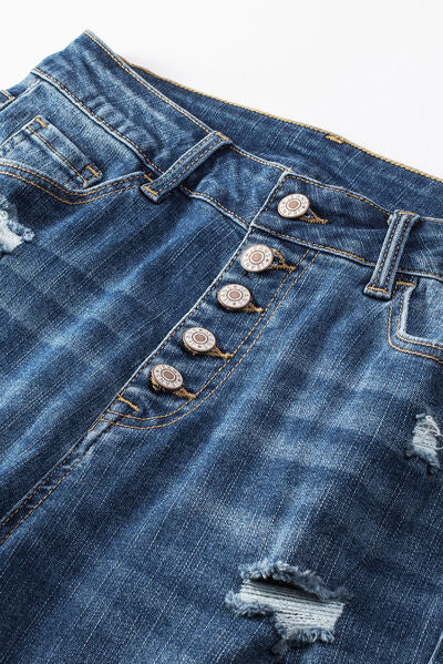 Blue Zone Planet |  Button-Fly Distressed Jeans with Pockets BLUE ZONE PLANET