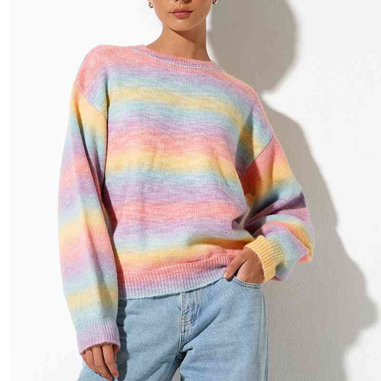 Gradient Round Neck Long Sleeve Sweater BLUE ZONE PLANET