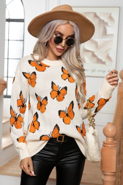 Butterfly Round Neck Long Sleeve Sweater-TOPS / DRESSES-[Adult]-[Female]-Ivory-S-2022 Online Blue Zone Planet