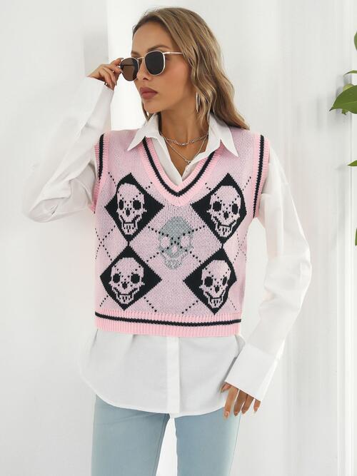 Skull Contrast V-Neck Sweater Vest BLUE ZONE PLANET