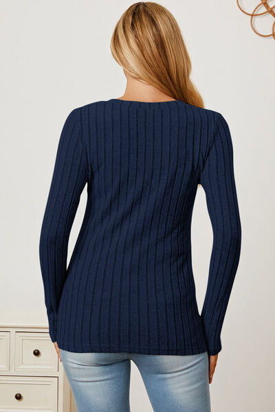 Basic Bae Full Size Ribbed V-Neck Long Sleeve T-Shirt-TOPS / DRESSES-[Adult]-[Female]-2022 Online Blue Zone Planet