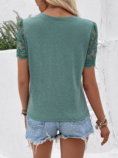 Lace Detail Short Sleeve Round Neck T-Shirt Trendsi