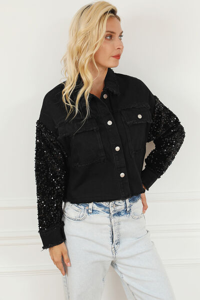 Sequin Button Up Raw Hem Denim Jacket BLUE ZONE PLANET