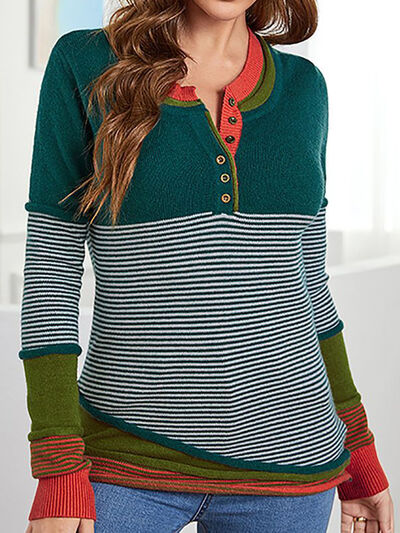 Blue Zone Planet |  Striped Contrast Notched Long Sleeve Sweater BLUE ZONE PLANET