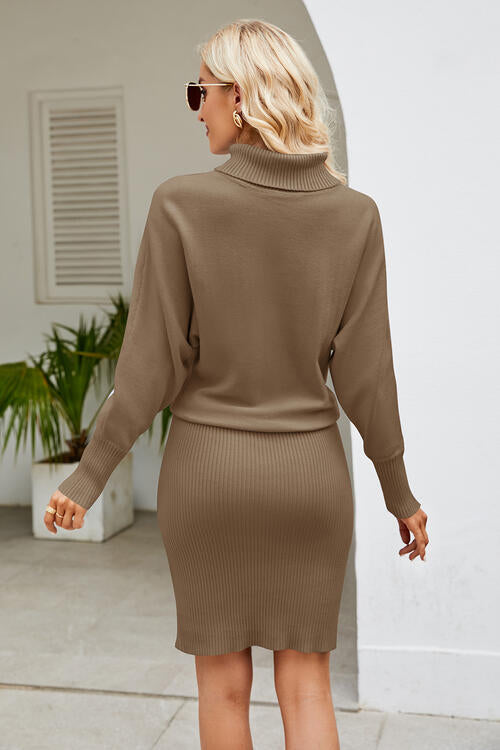 Ribbed Mock Neck Long Sleeve Dress BLUE ZONE PLANET