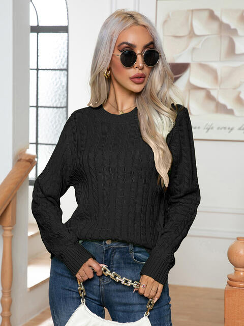 Cable-Knit Round Neck Long Sleeve Sweater BLUE ZONE PLANET