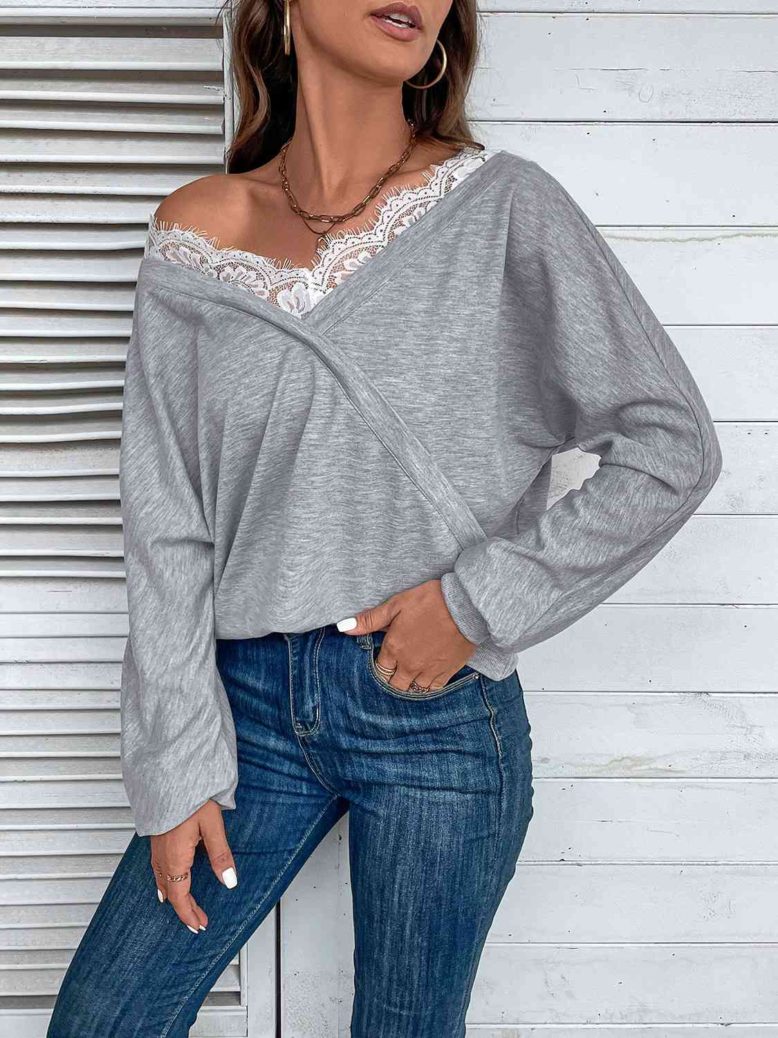 Lace Detail Long Sleeve Top BLUE ZONE PLANET