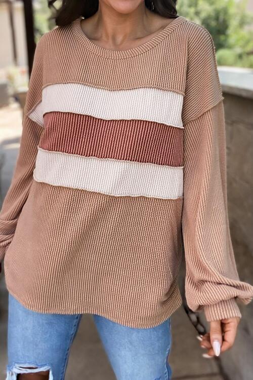 Ribbed Color Block Exposed Seam Round Neck Blouse BLUE ZONE PLANET