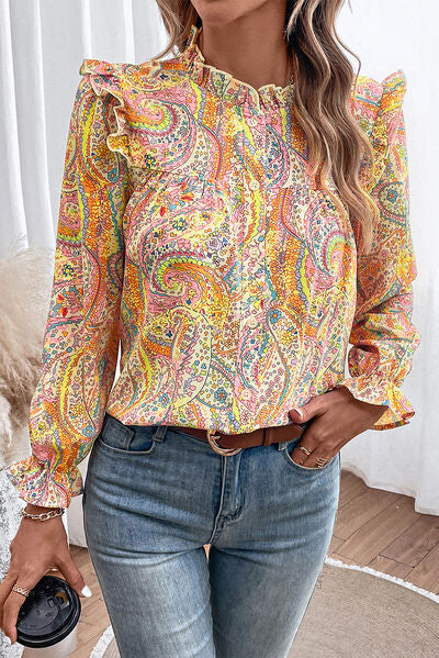 Printed Frill Flounce Sleeve Shirt Trendsi