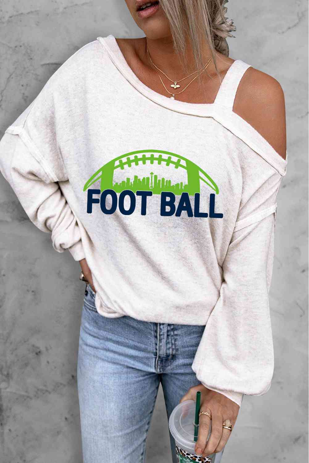 FOOTBALL Graphic Long Sleeve Asymmetrical Neck Top BLUE ZONE PLANET