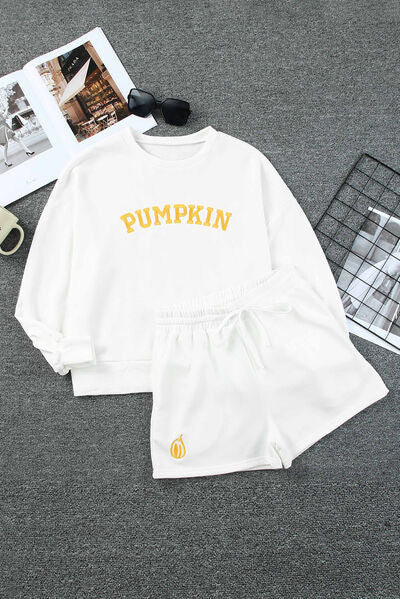 PUMPKIN Round Neck Sweatshirt and Shorts Set-TOPS / DRESSES-[Adult]-[Female]-2022 Online Blue Zone Planet