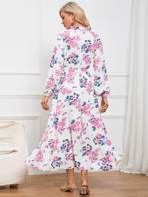 Floral Tie Front Balloon Sleeve Dress BLUE ZONE PLANET