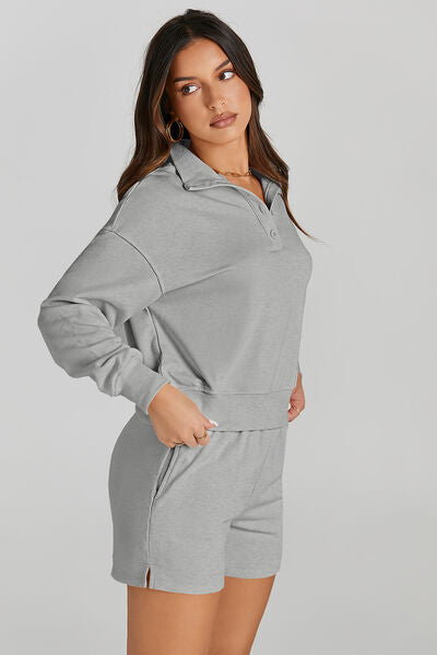 Half Button Sweatshirt and Shorts Active Set Trendsi