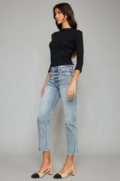 Kancan High Waist Button Fly Raw Hem Cropped Straight Jeans BLUE ZONE PLANET