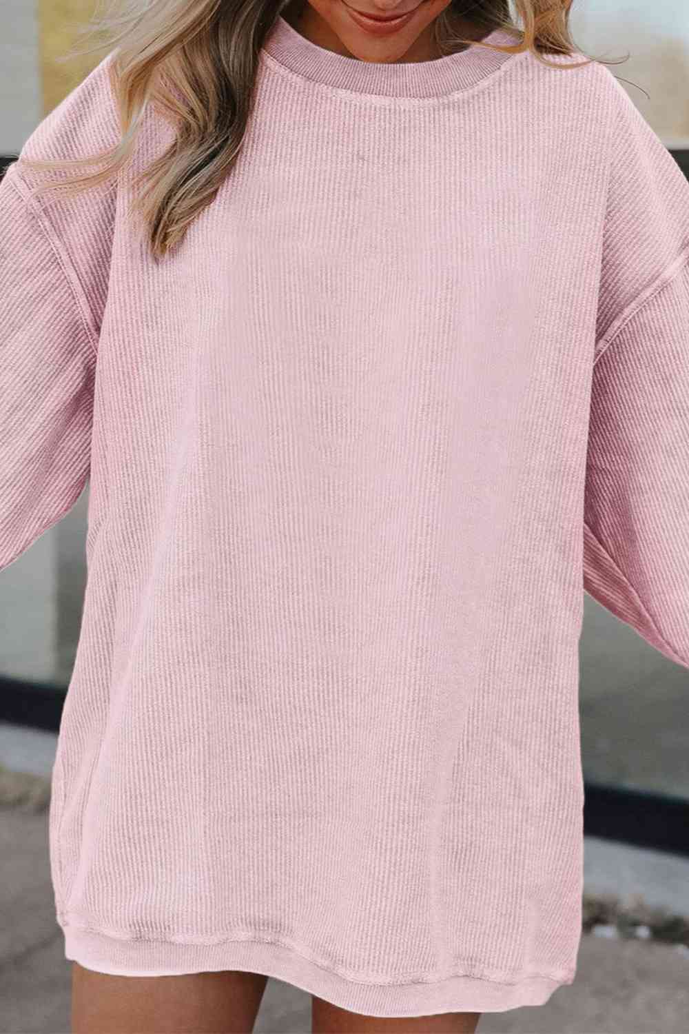 Ribbed Round Neck Drop Shoulder Sweatshirt BLUE ZONE PLANET