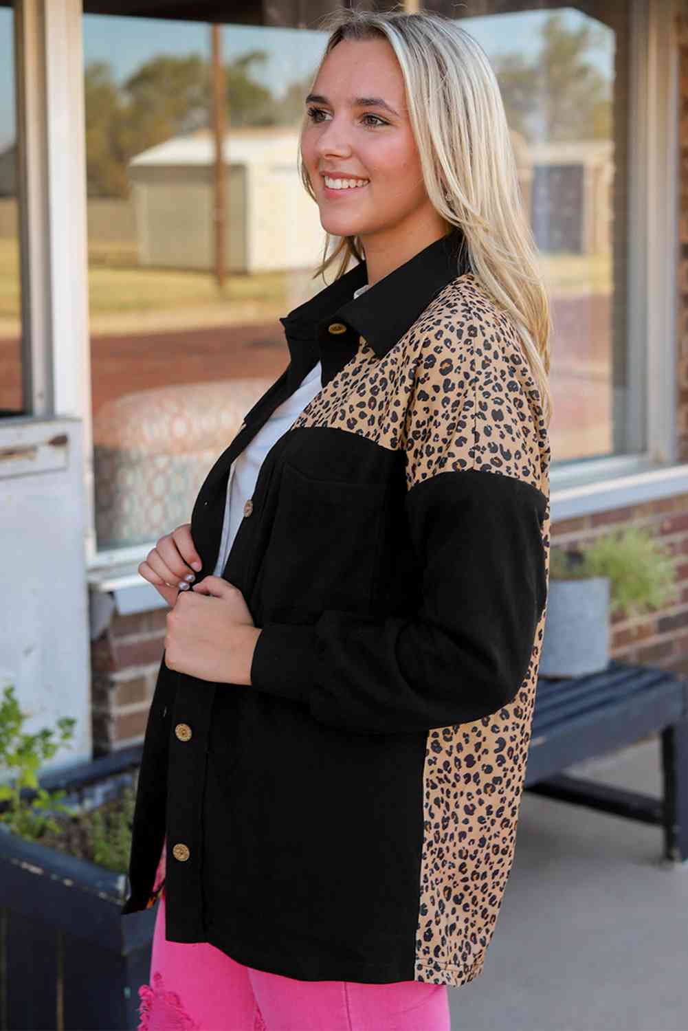 Leopard Collared Button Down Jacket BLUE ZONE PLANET