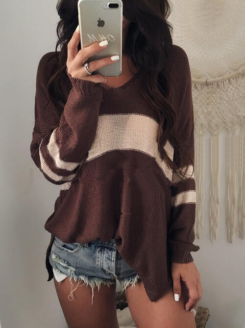 Striped V-Neck Long Sleeve Sweater BLUE ZONE PLANET