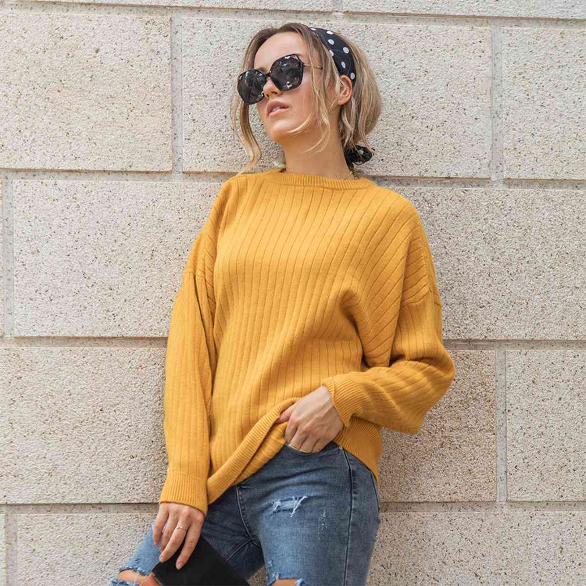 Round Neck Dropped Shoulder Sweater BLUE ZONE PLANET