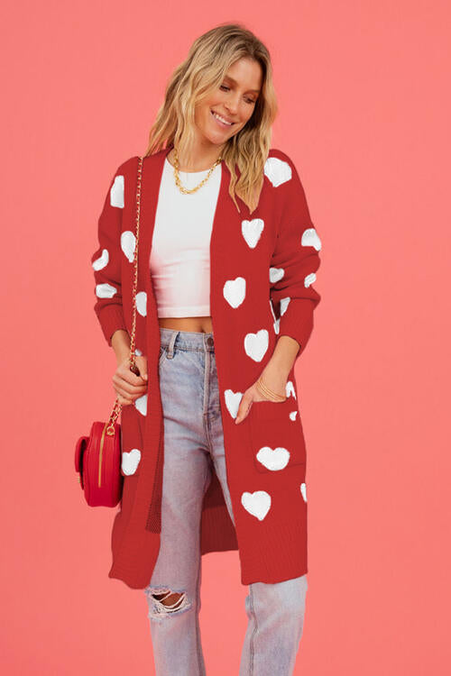 Heart Graphic Open Front Cardigan with Pockets BLUE ZONE PLANET