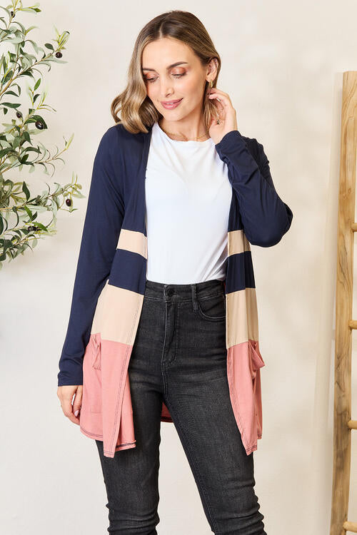 e.Luna Full Size Color Block Contrast Open Cardigan BLUE ZONE PLANET