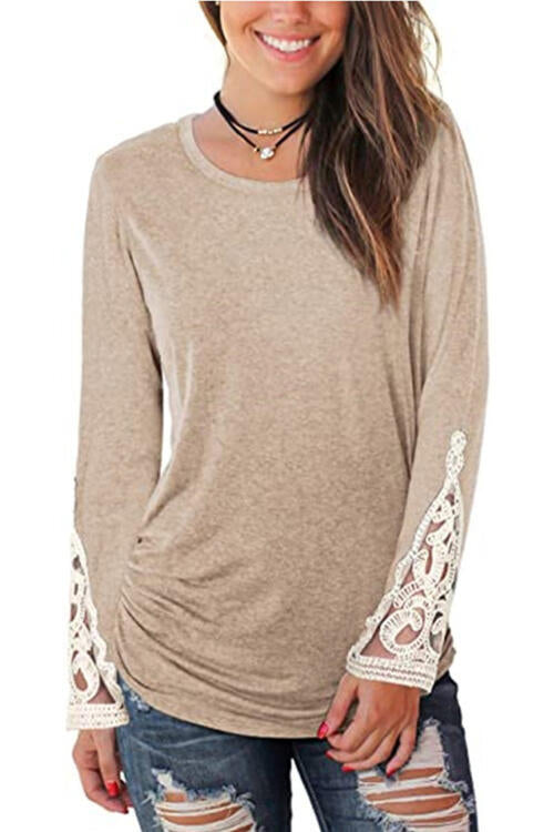 Lace Detail Long Sleeve Round Neck T-Shirt BLUE ZONE PLANET