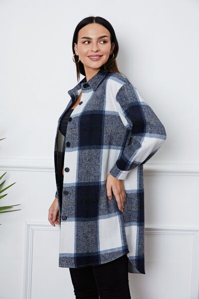 Plaid Button Up Collared Neck Outerwear BLUE ZONE PLANET