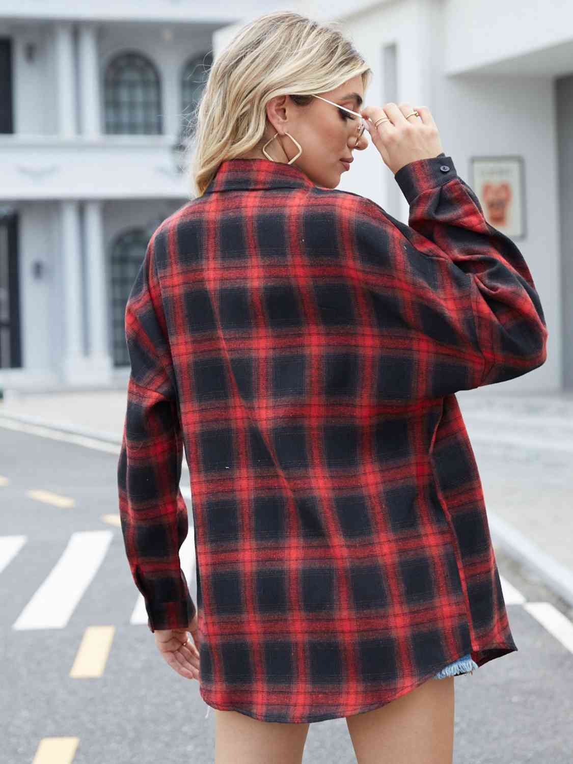 Plaid Collared Neck Button Down Jacket BLUE ZONE PLANET