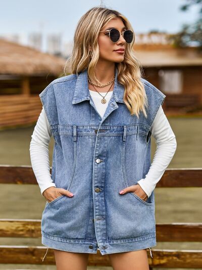 Blue Zone Planet |  Button Up Collared Neck Sleeveless Denim Jacket BLUE ZONE PLANET