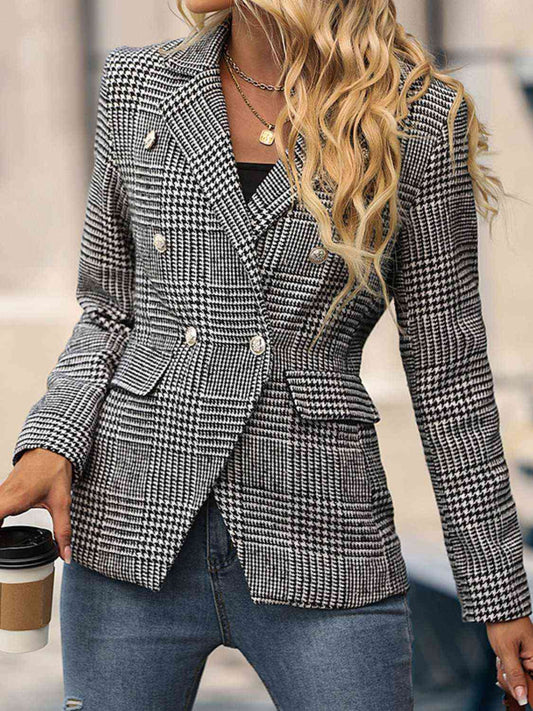 Houndstooth Buttoned Long Sleeve Blazer BLUE ZONE PLANET