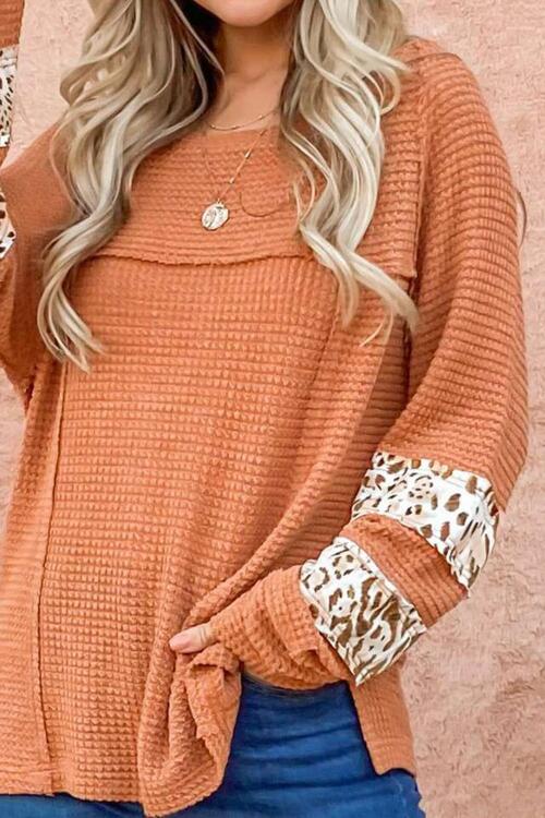 Waffle-Knit Leopard Long Sleeve Slit Blouse BLUE ZONE PLANET