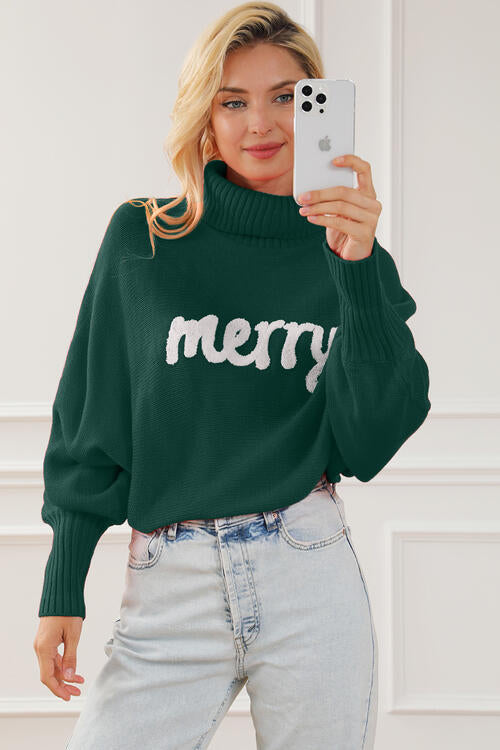 Merry Letter Embroidered High Neck Sweater BLUE ZONE PLANET