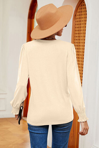 Lace Detail V-Neck Lantern Sleeve T-Shirt Trendsi